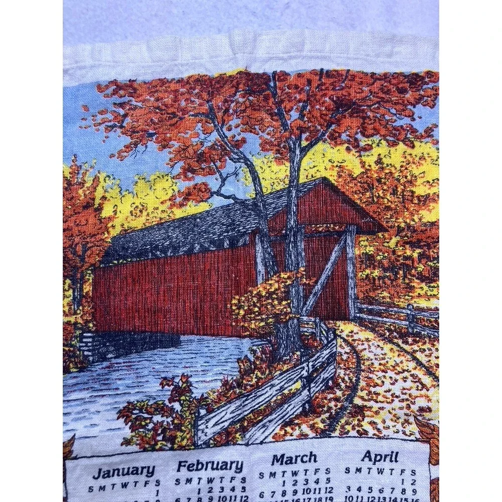 Vintage Tea Towel‎ Calendar White 1983 Covered Bridge Fall Linen Cottage